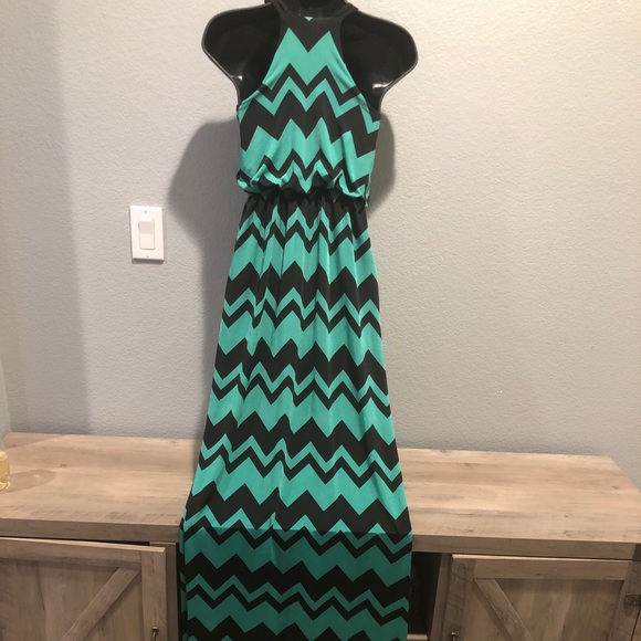 SOLD! Chevron Black and Teal Maxi Dress - Picture 4 of 5
